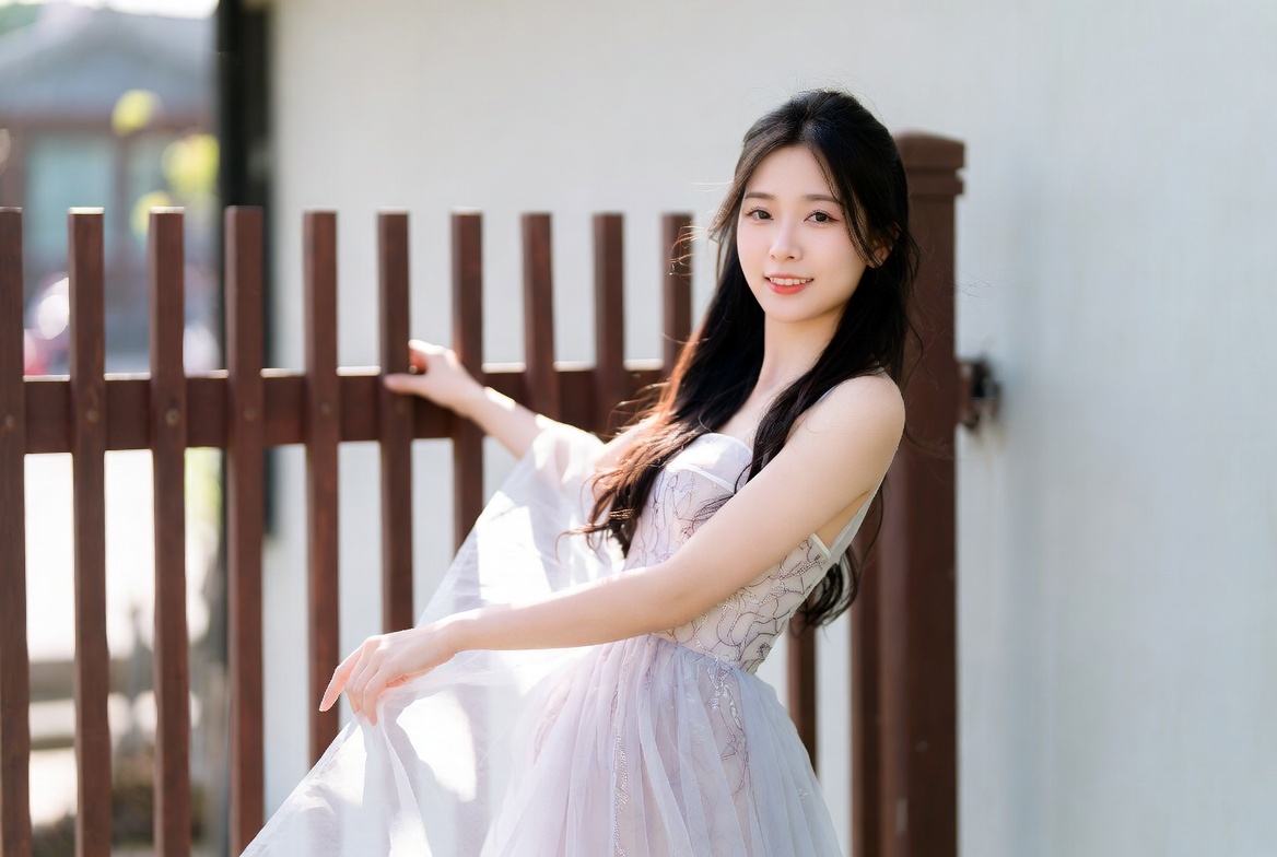 Young woman posing by wooden fence Young woman posing by wooden fence