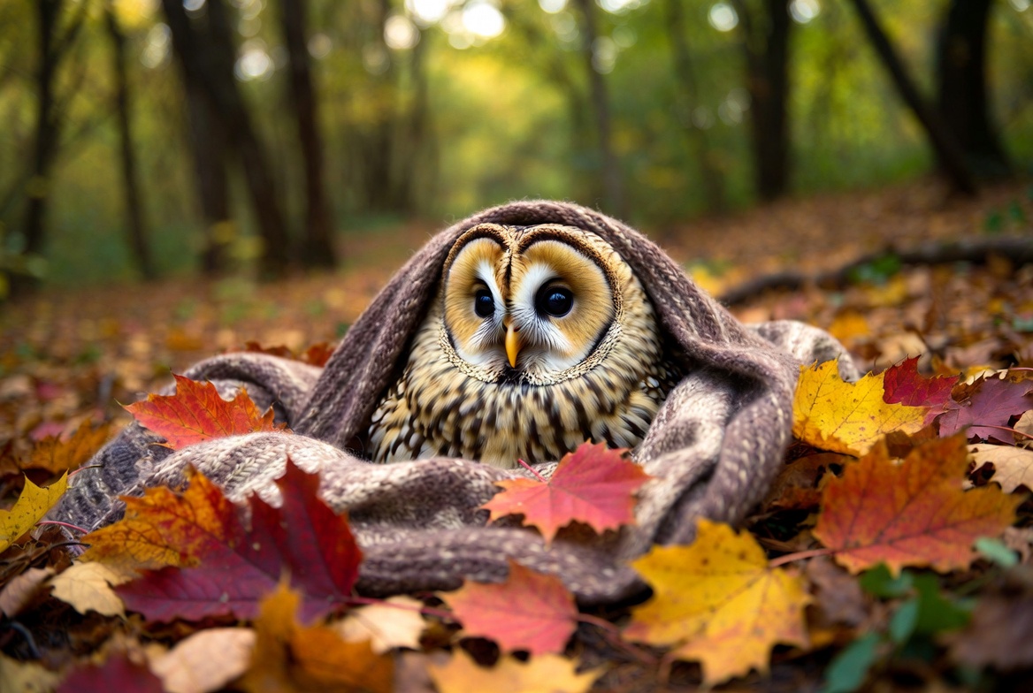 Owl resting on a blanket in autumn leaves Owl resting on a blanket in autumn leaves