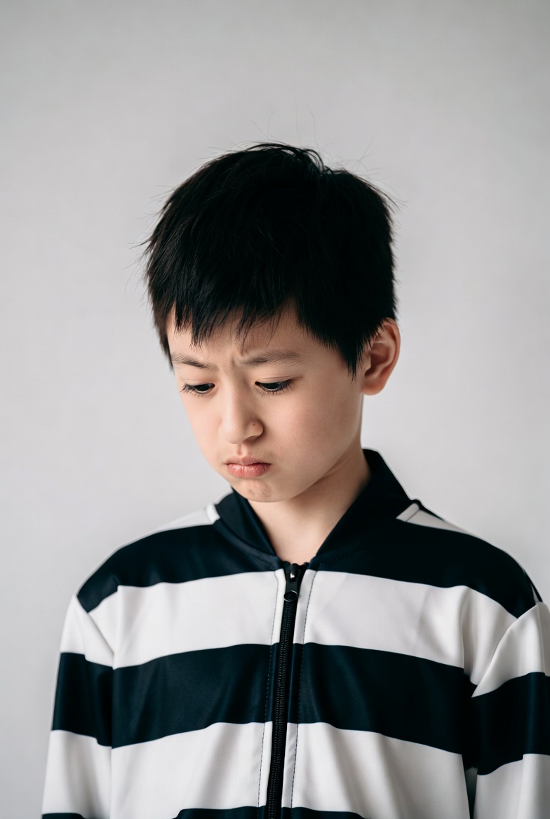 Boy in stripes looks down Boy in stripes looks down