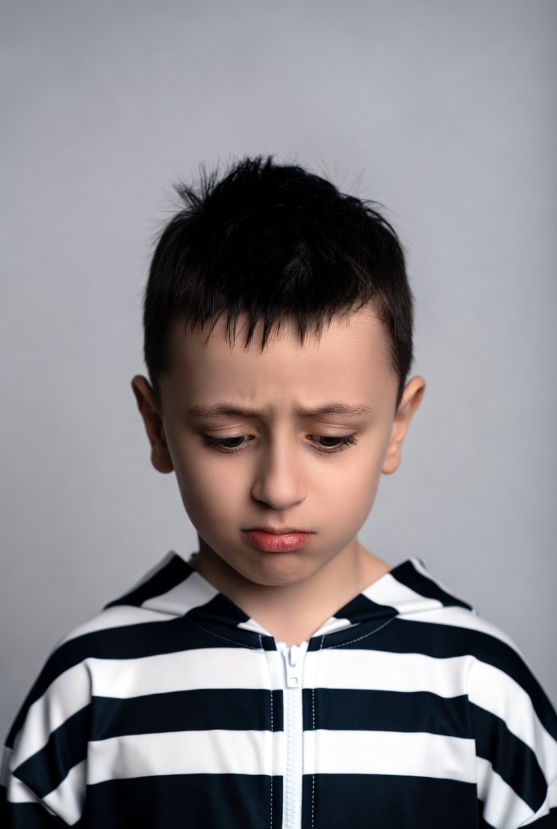 Child in striped outfit looking down Child in striped outfit looking down