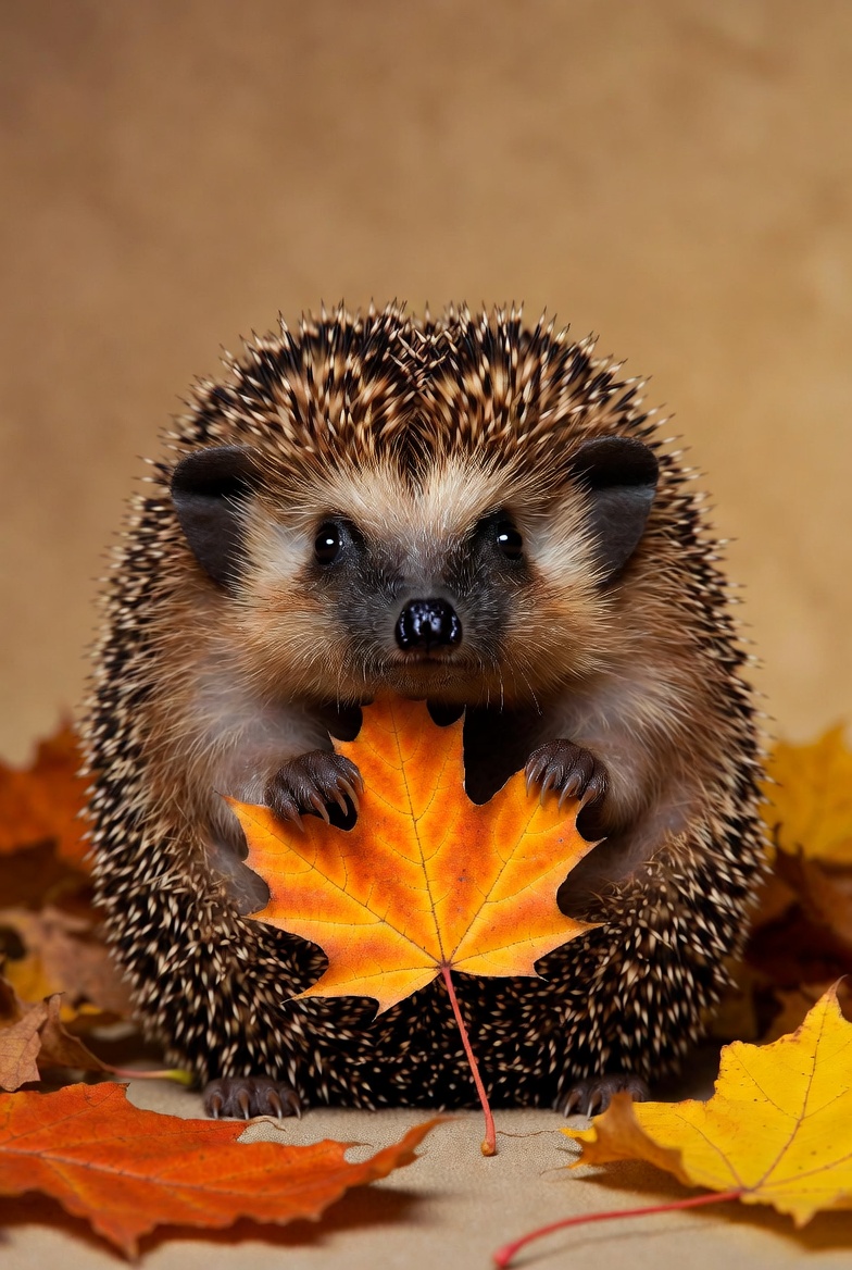 Hedgehog holding an autumn leaf Hedgehog holding an autumn leaf