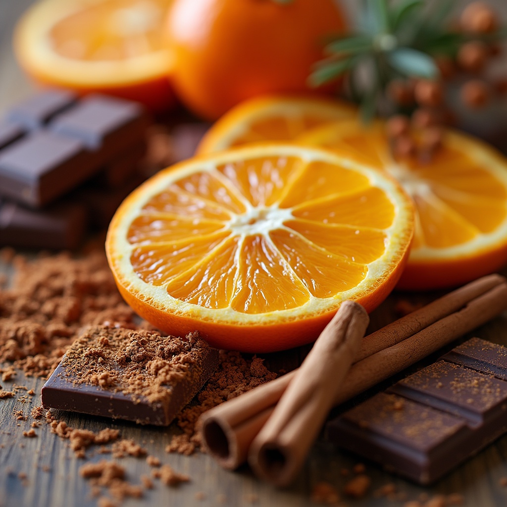 Orange and chocolate on wooden table Orange and chocolate on wooden table