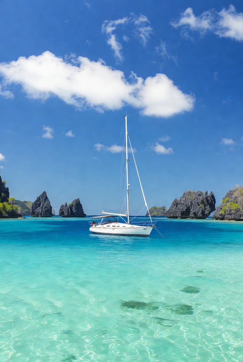 Sailboat in clear blue water Sailboat in clear blue water