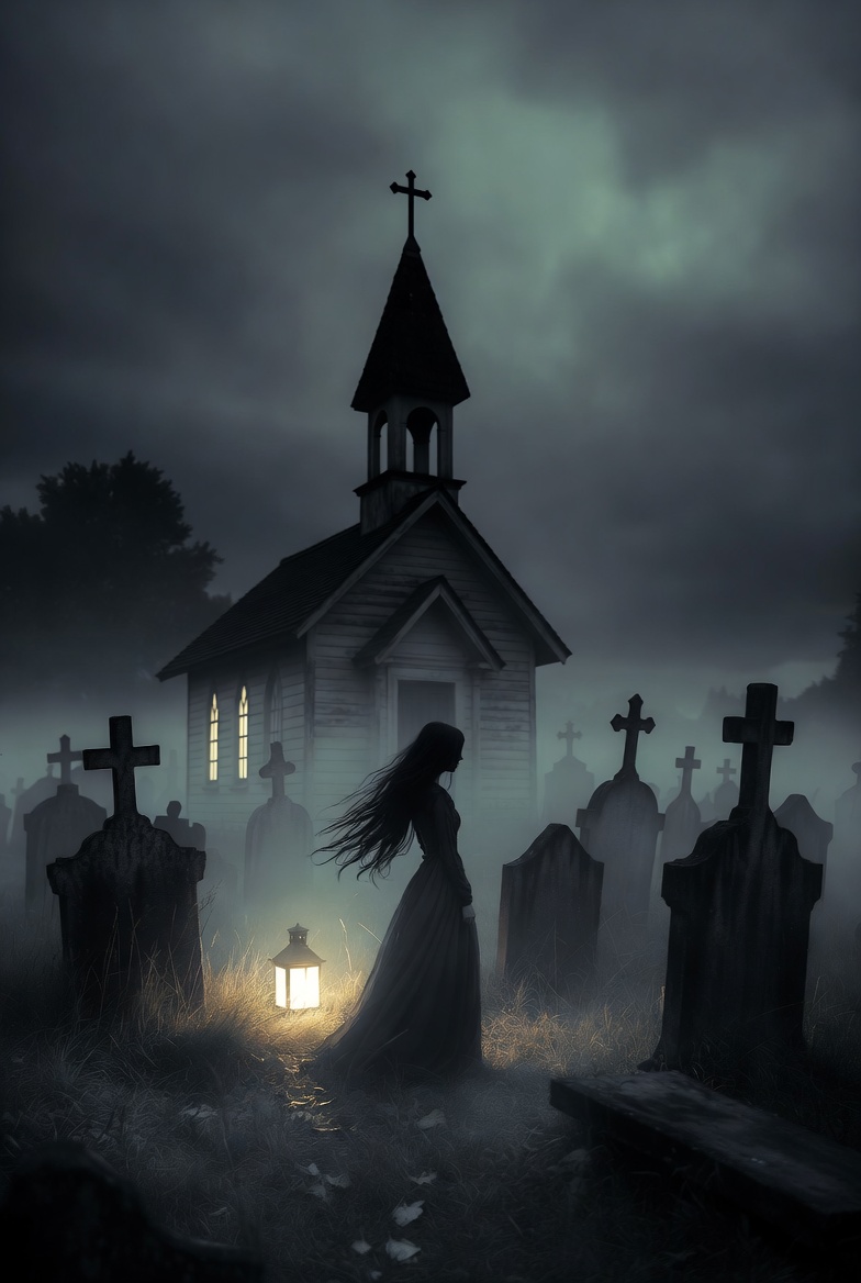 Woman by graveyard lantern at night Woman by graveyard lantern at night