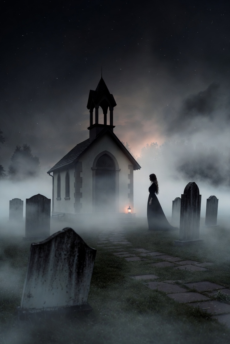 Foggy scene near church at night Foggy scene near church at night