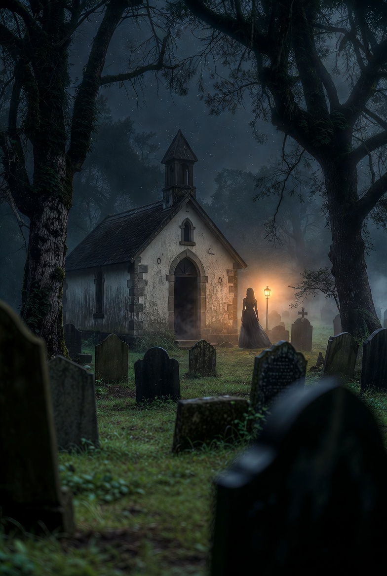 Woman walks by old church at night Woman walks by old church at night