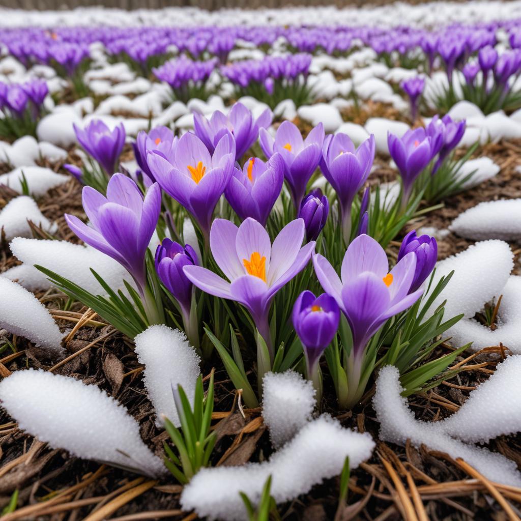 Crocus flowers grow through snow in spring Crocus flowers grow through snow in spring