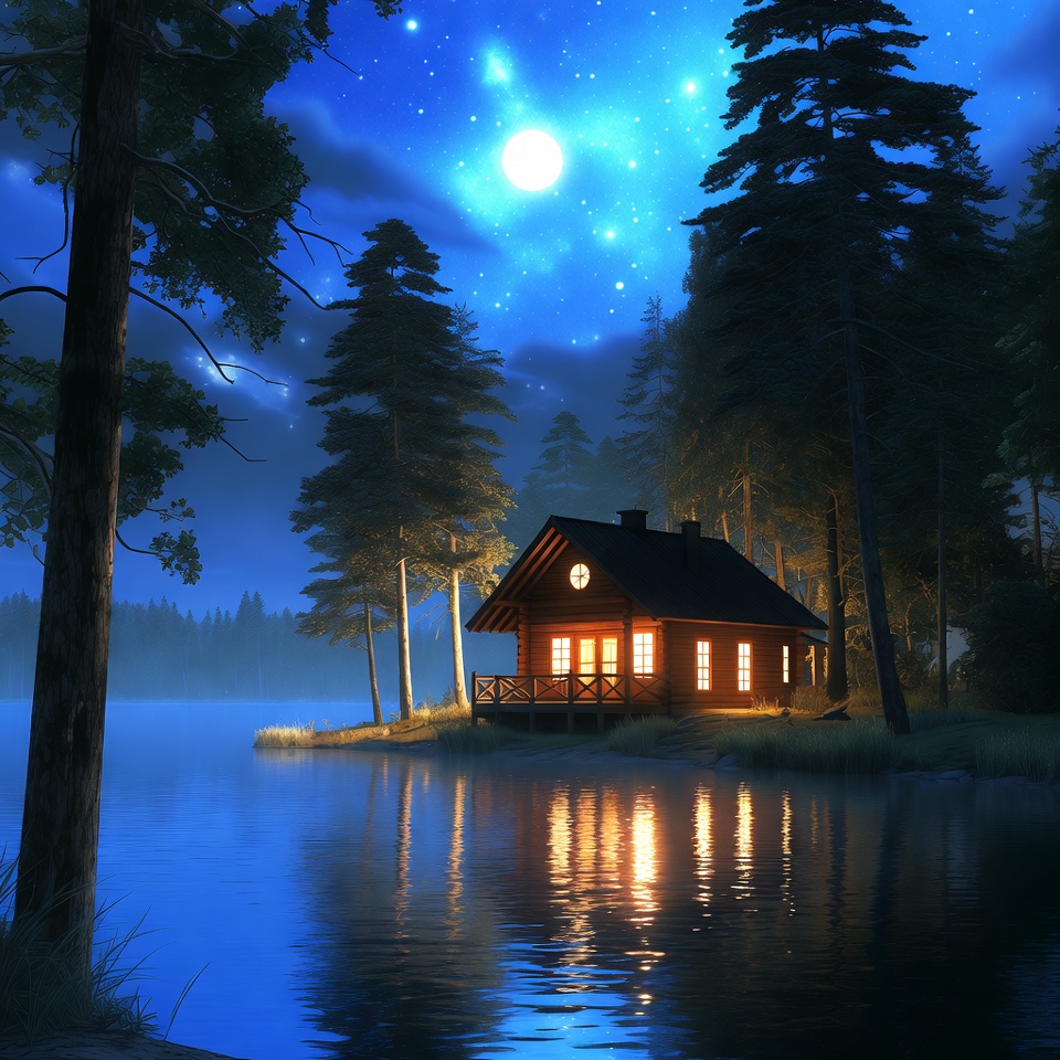 Cozy cabin by the lake at night Cozy cabin by the lake at night