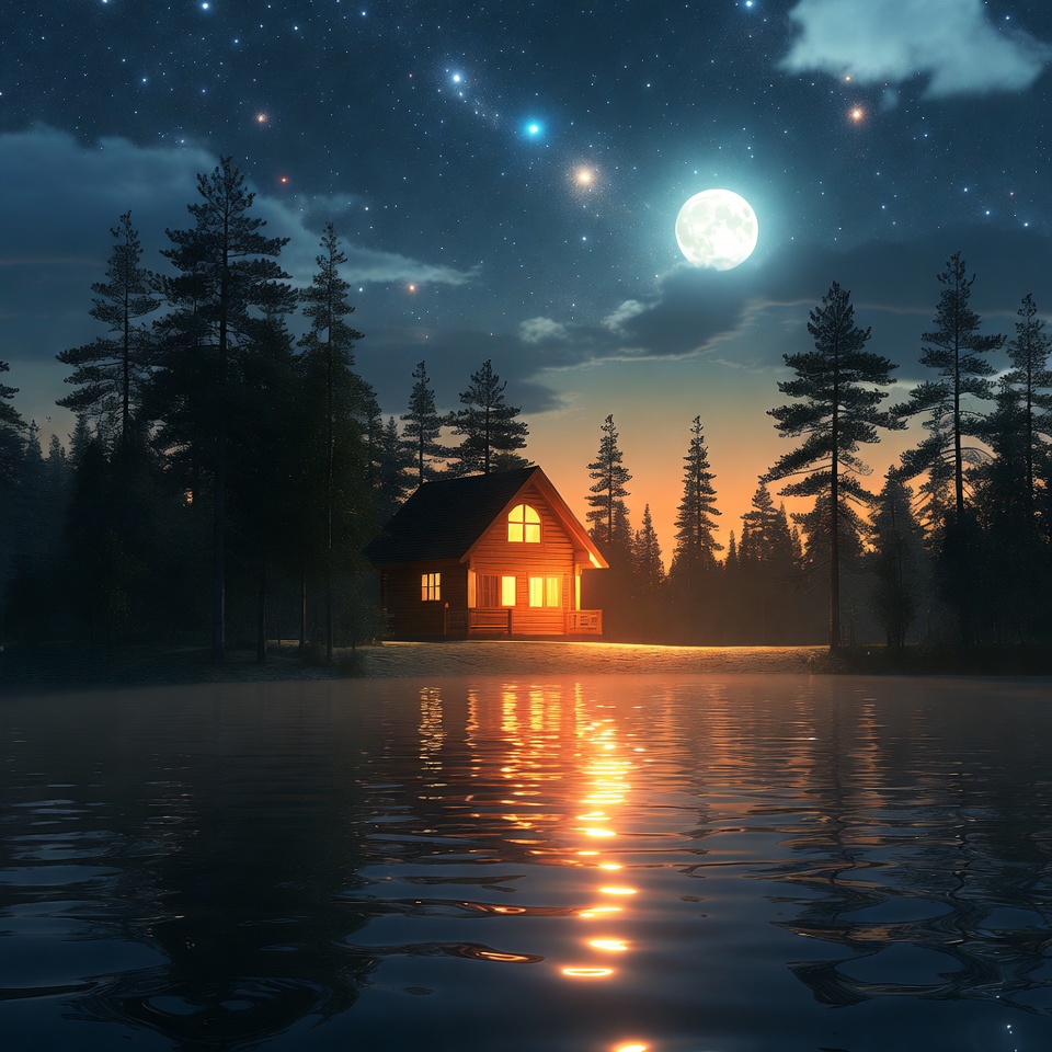 Cozy cabin by the lake at night Cozy cabin by the lake at night