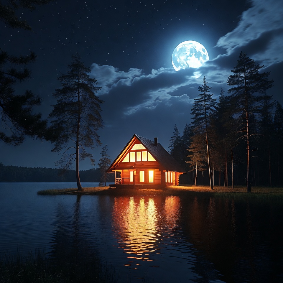 Moonlit cabin by the lake Moonlit cabin by the lake