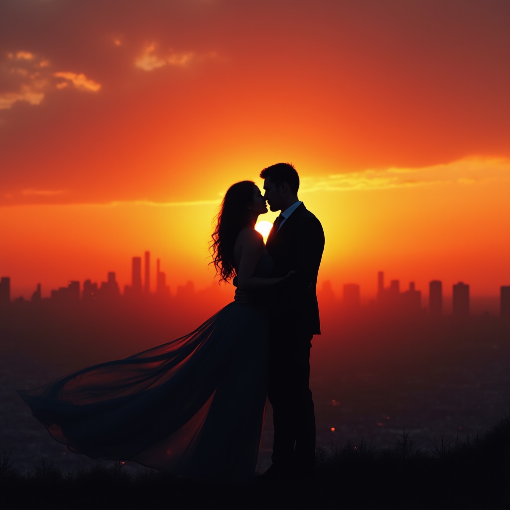 Couple embraces at sunset in city Couple embraces at sunset in city