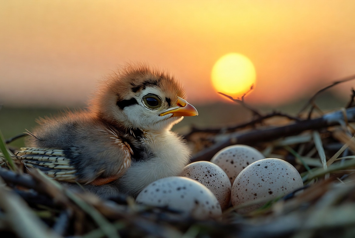 Bird hatching under sunset sky Bird hatching under sunset sky