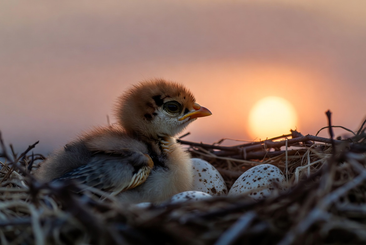 Chick hatching at sunrise near eggs Chick hatching at sunrise near eggs