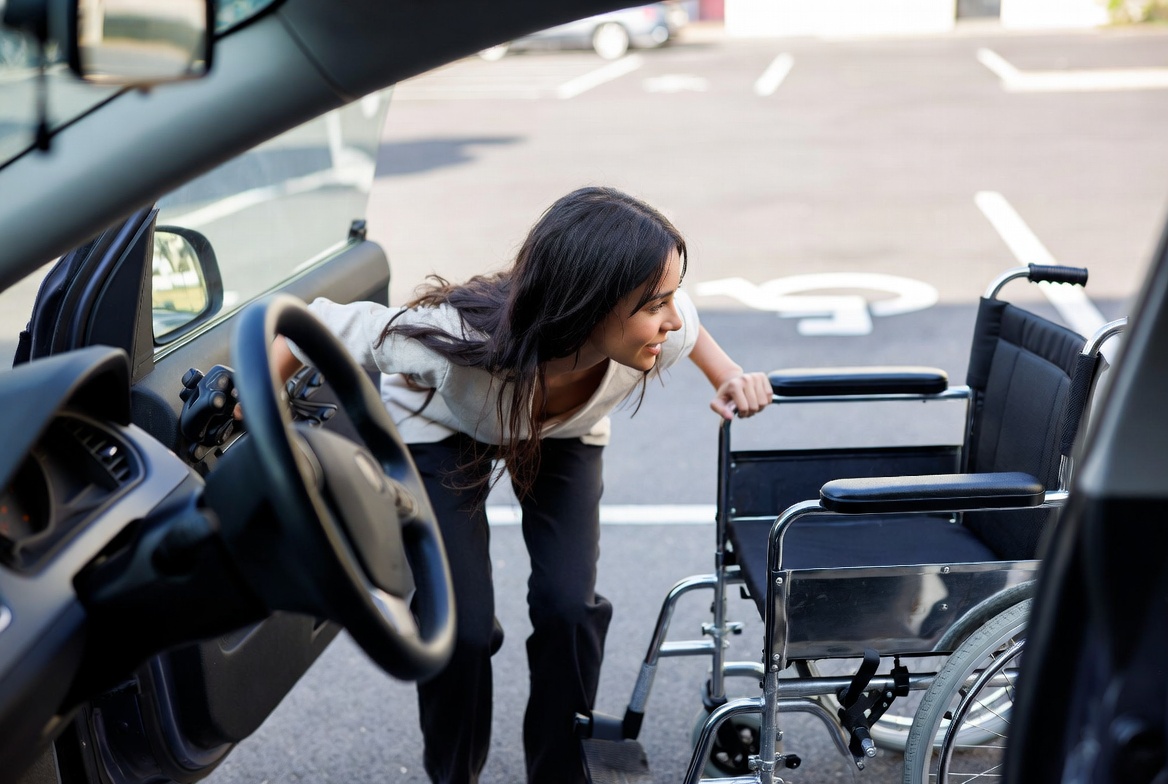 Helping someone get a wheelchair Helping someone get a wheelchair
