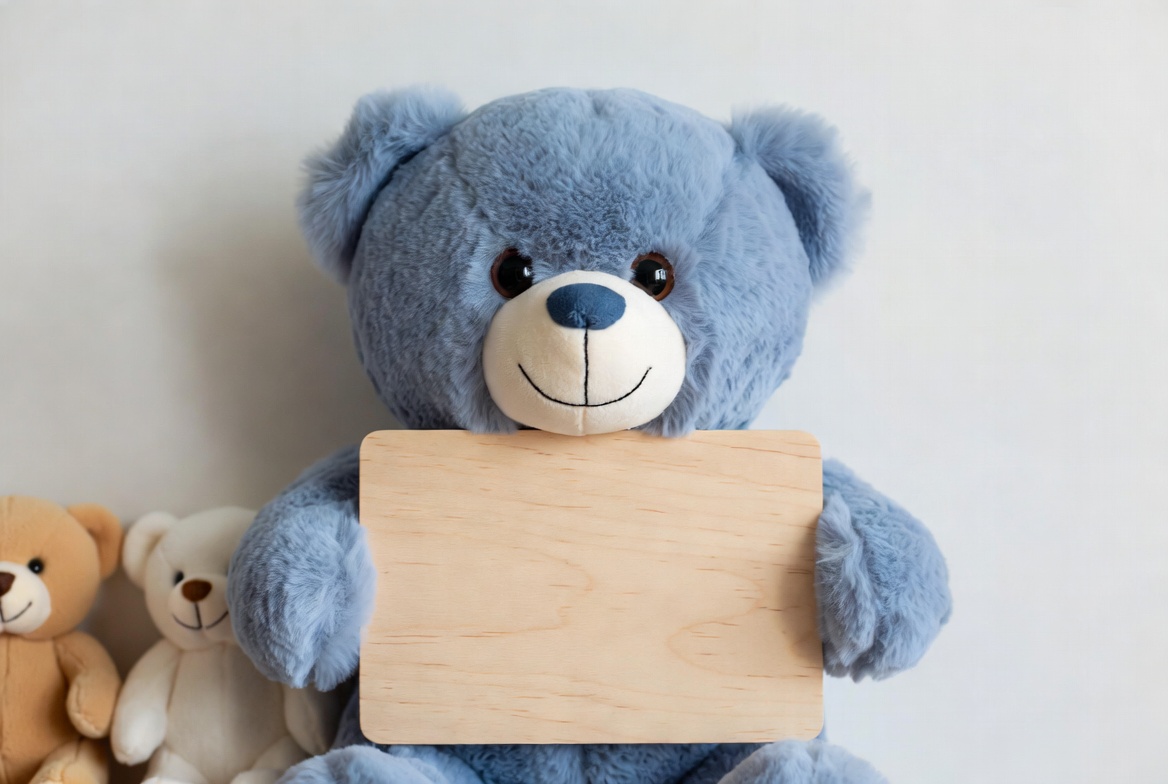Blue bear holds wooden sign Blue bear holds wooden sign