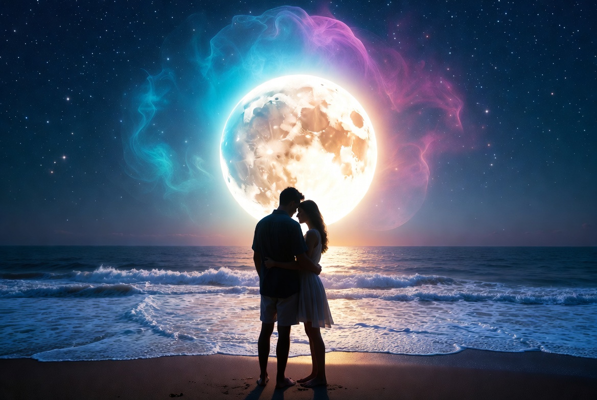 Couple embracing under bright moon Couple embracing under bright moon