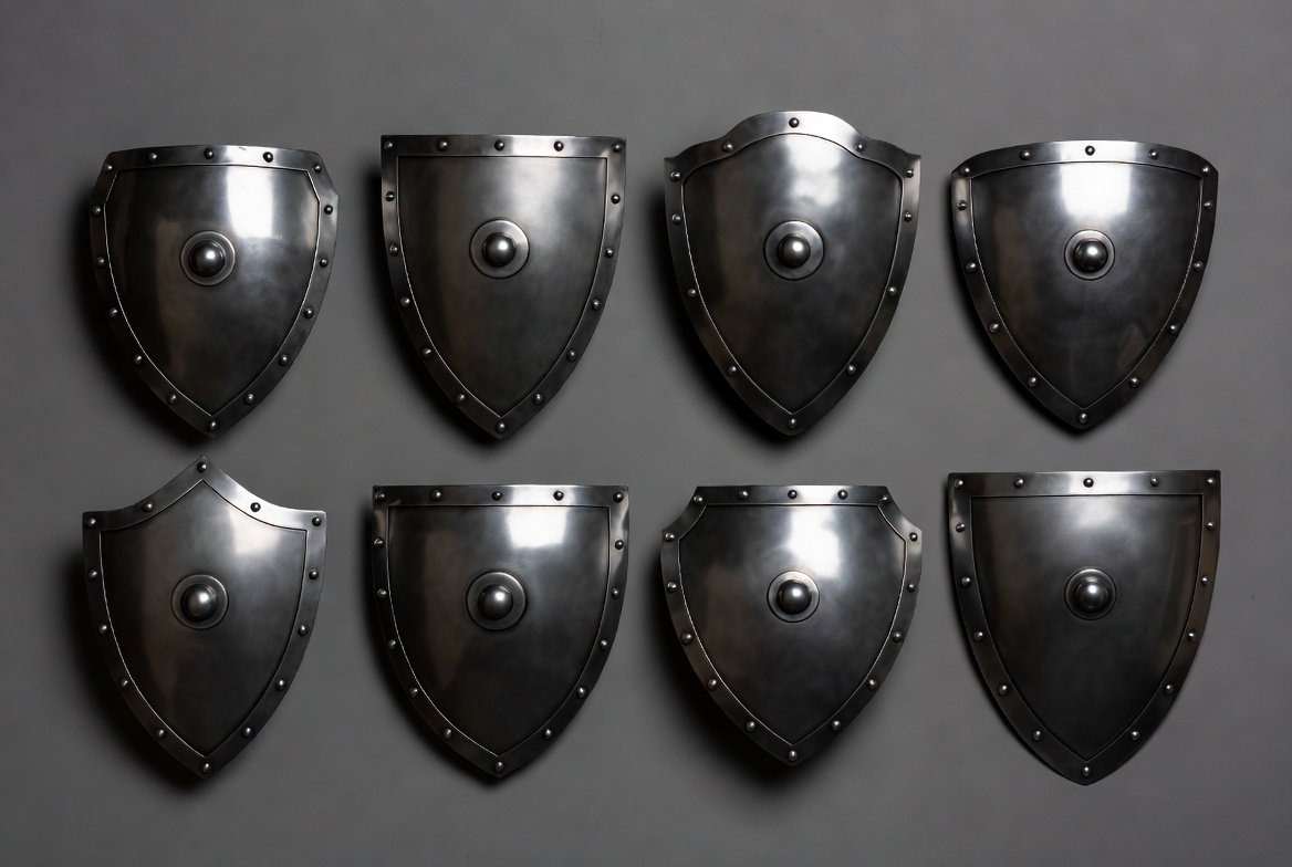 Black shields on gray wall Black shields on gray wall