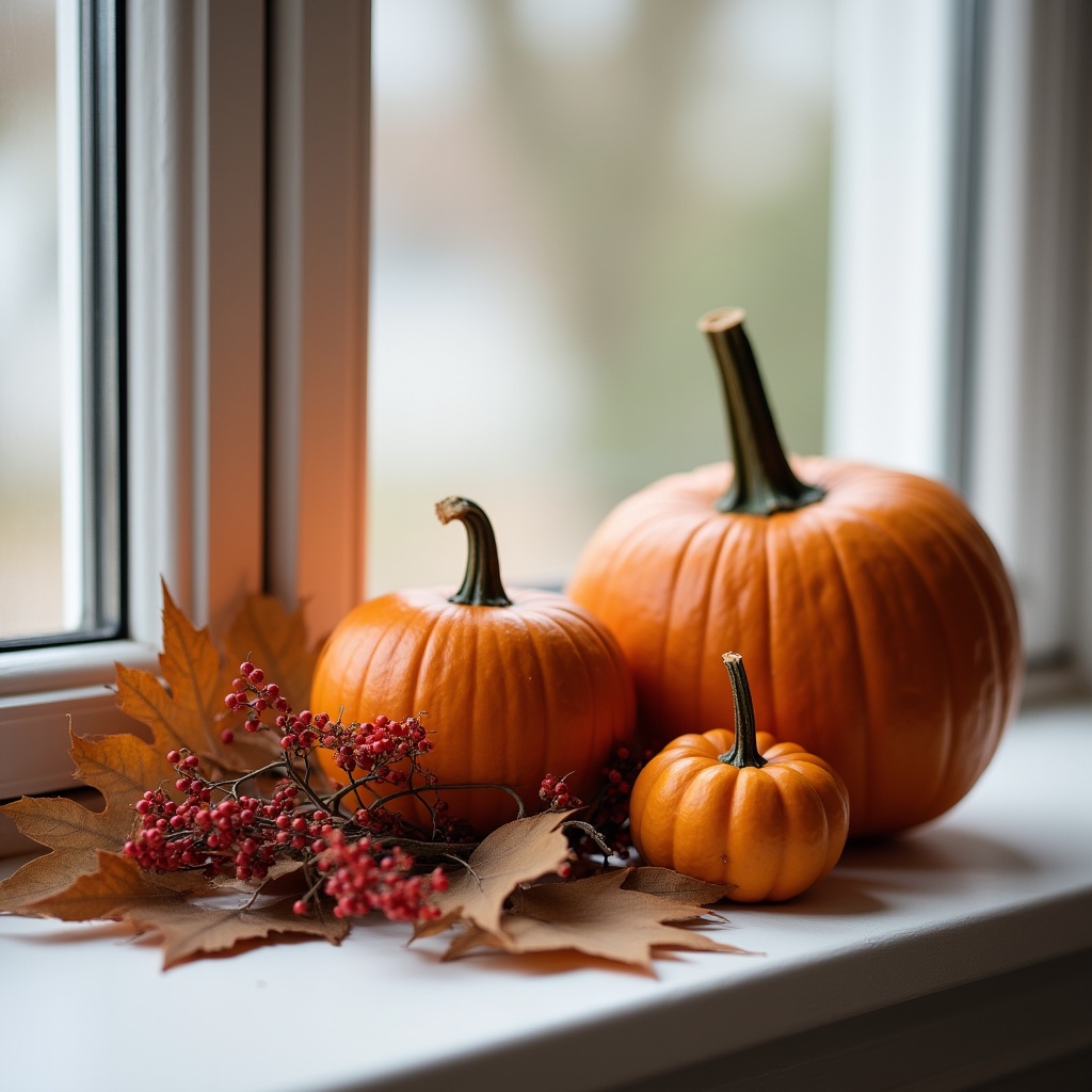 Pumpkins and leaves on window sill Pumpkins and leaves on window sill