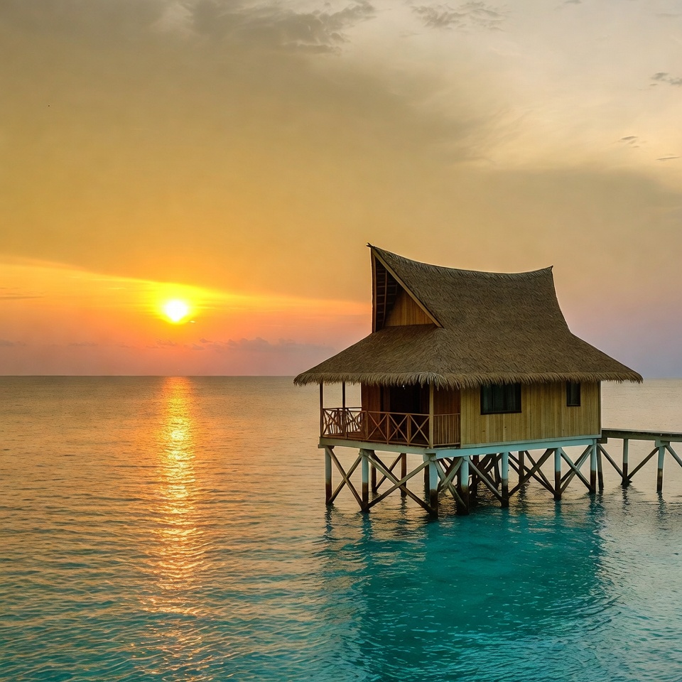 Sunset over wooden house on water Sunset over wooden house on water