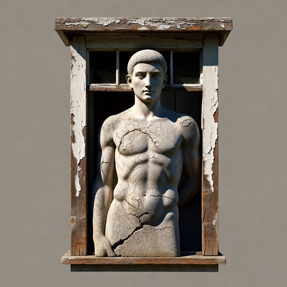 Statue in cracked window frame Statue in cracked window frame