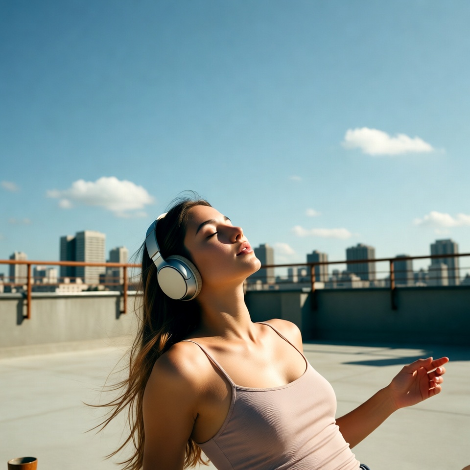 Woman on rooftop enjoying music Woman on rooftop enjoying music