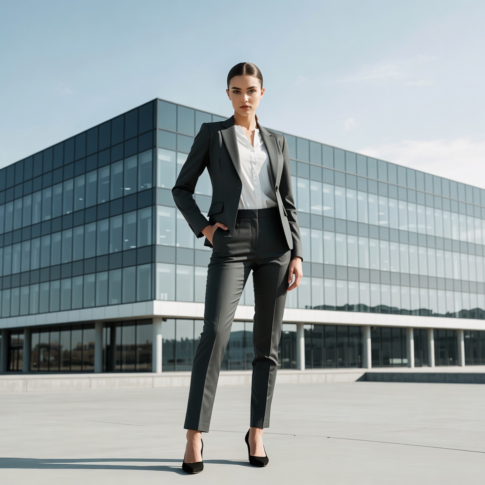 Businesswoman poses outside modern building Businesswoman poses outside modern building