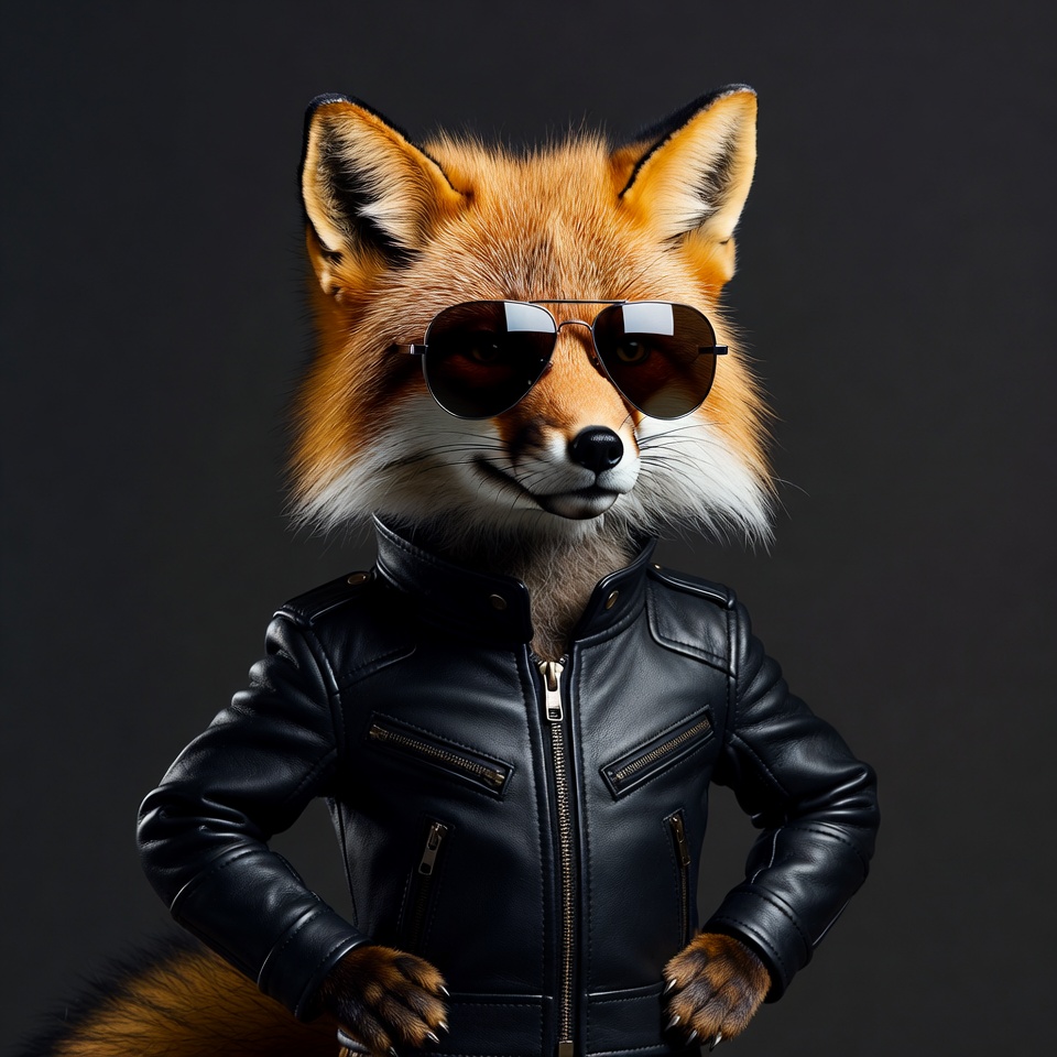 Fox wearing sunglasses in leather jacket Fox wearing sunglasses in leather jacket