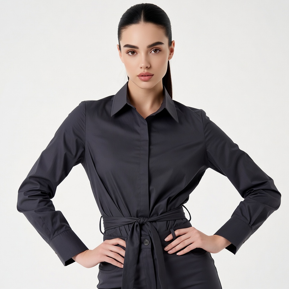 Woman in dark outfit stands confidently Woman in dark outfit stands confidently