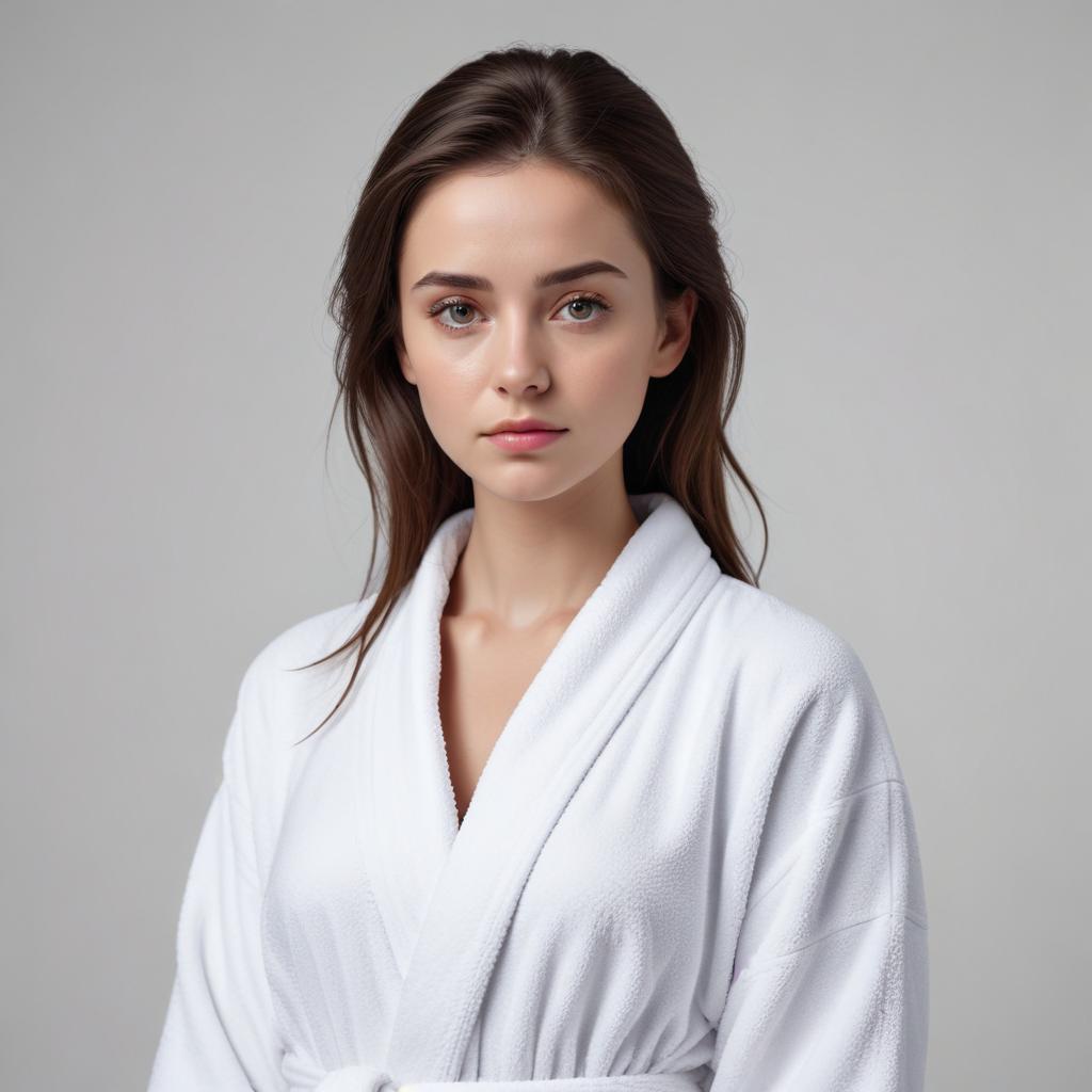 Young woman in white robe indoors Young woman in white robe indoors