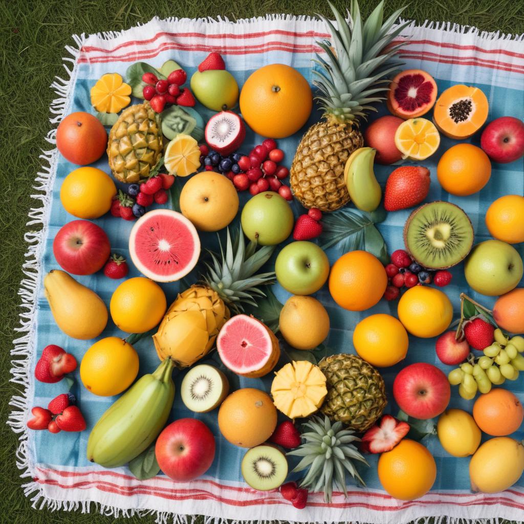 Colorful fruit display on picnic blanket Colorful fruit display on picnic blanket