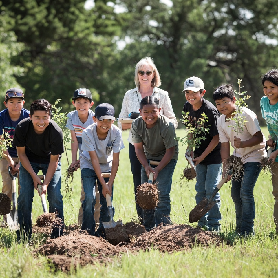 Kids plant trees in community park Kids plant trees in community park