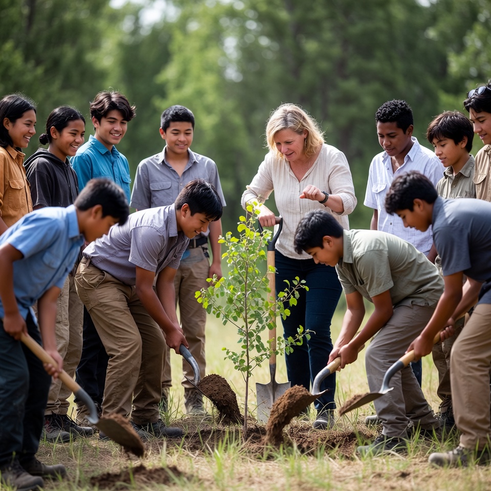 Young students plant trees in the forest Young students plant trees in the forest