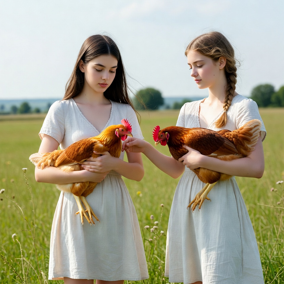 Two girls hold chickens in a field Two girls hold chickens in a field