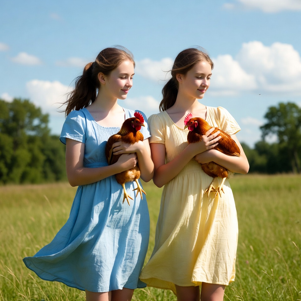 Girls holding chickens in field Girls holding chickens in field