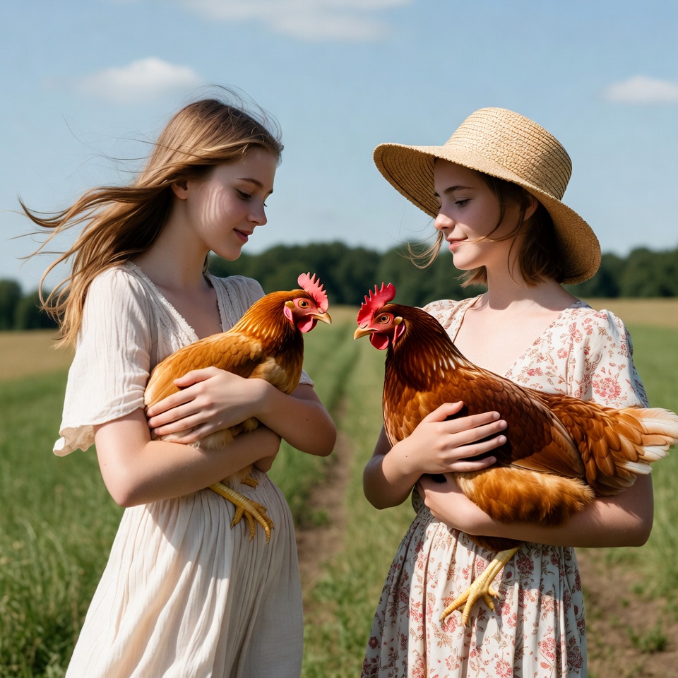 Girls hold chickens in a field Girls hold chickens in a field