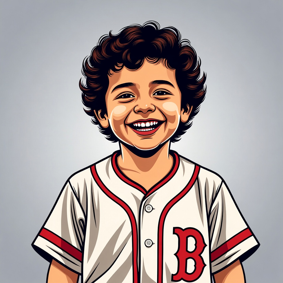 Boy in baseball shirt smiles brightly Boy in baseball shirt smiles brightly