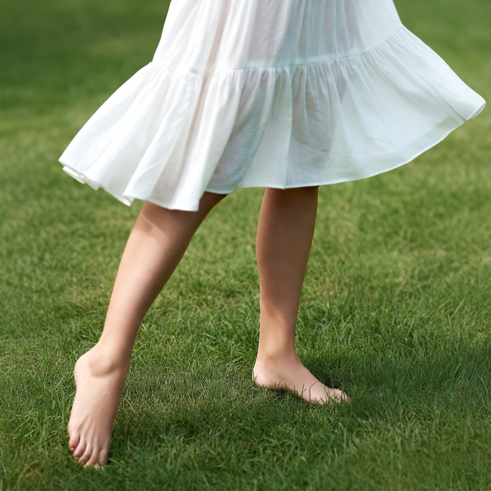 Woman walking on grass in dress Woman walking on grass in dress
