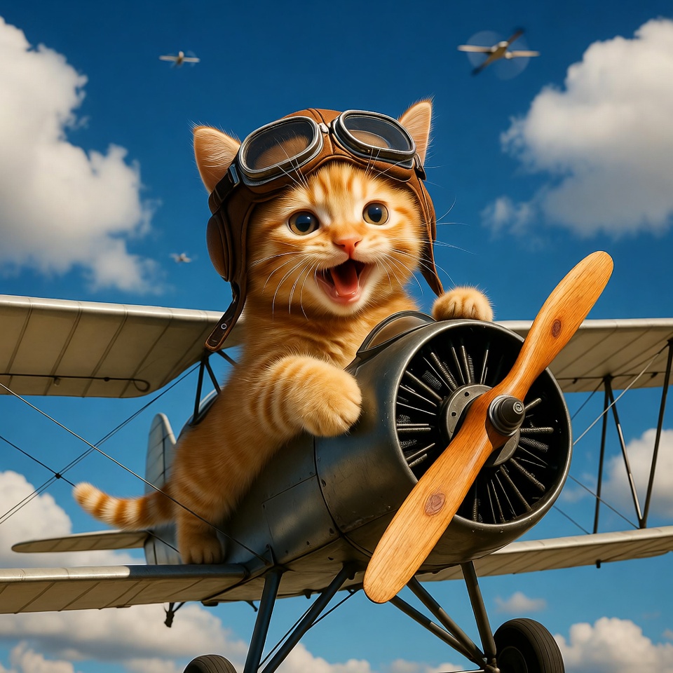 Cat flying airplane in sky Cat flying airplane in sky