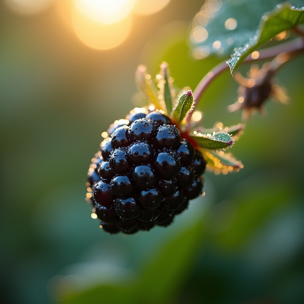 Ripe blackberry on a plant at sunset Ripe blackberry on a plant at sunset
