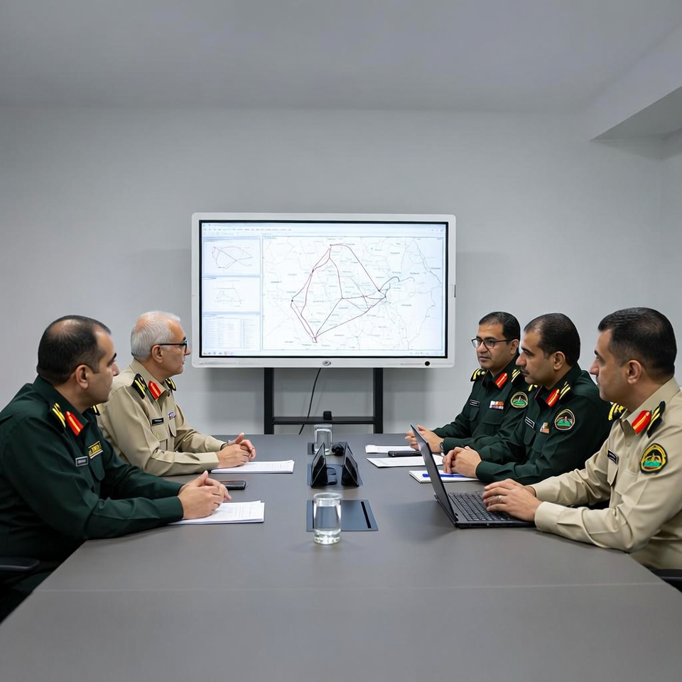 Military meeting with map display Military meeting with map display