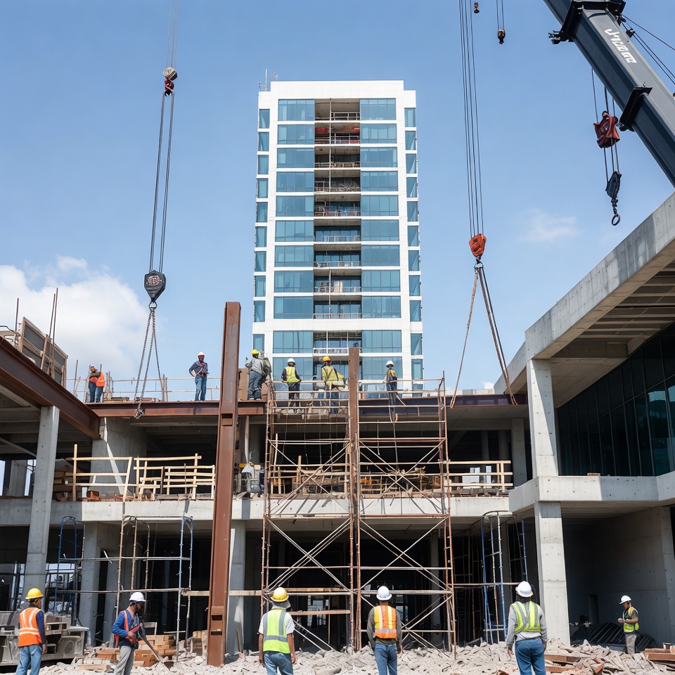 Construction site with workers and crane Construction site with workers and crane