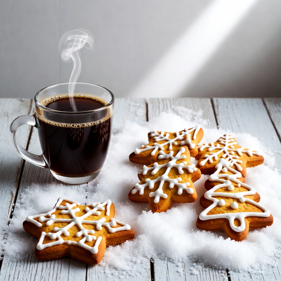 Coffee and cookies on snowy table Coffee and cookies on snowy table