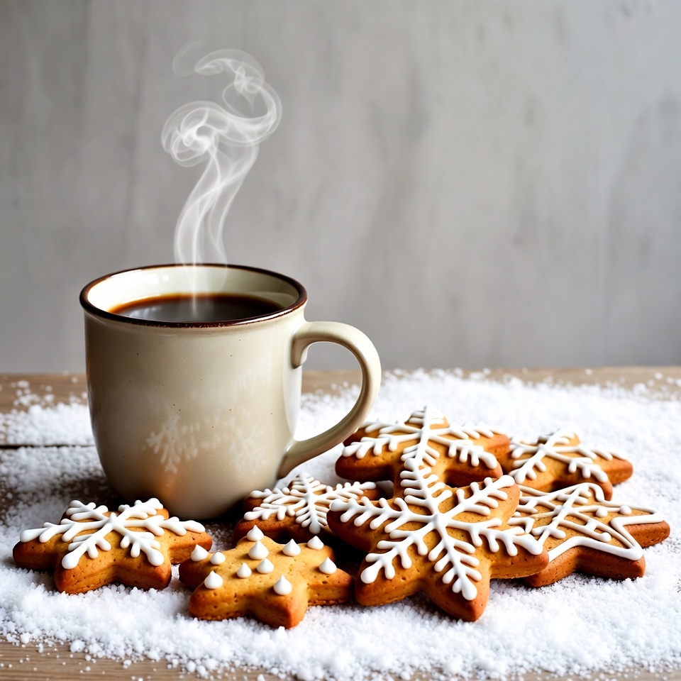 Warm drink and cookies on snowy table Warm drink and cookies on snowy table