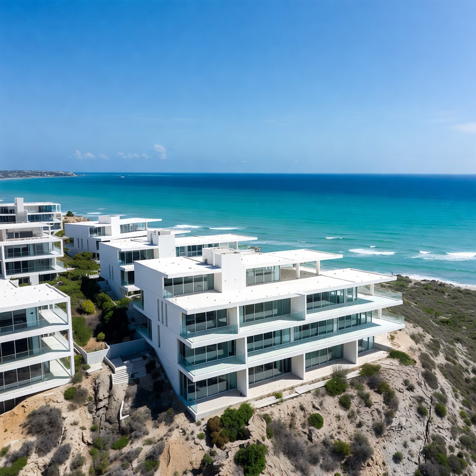 Modern buildings near ocean shore Modern buildings near ocean shore
