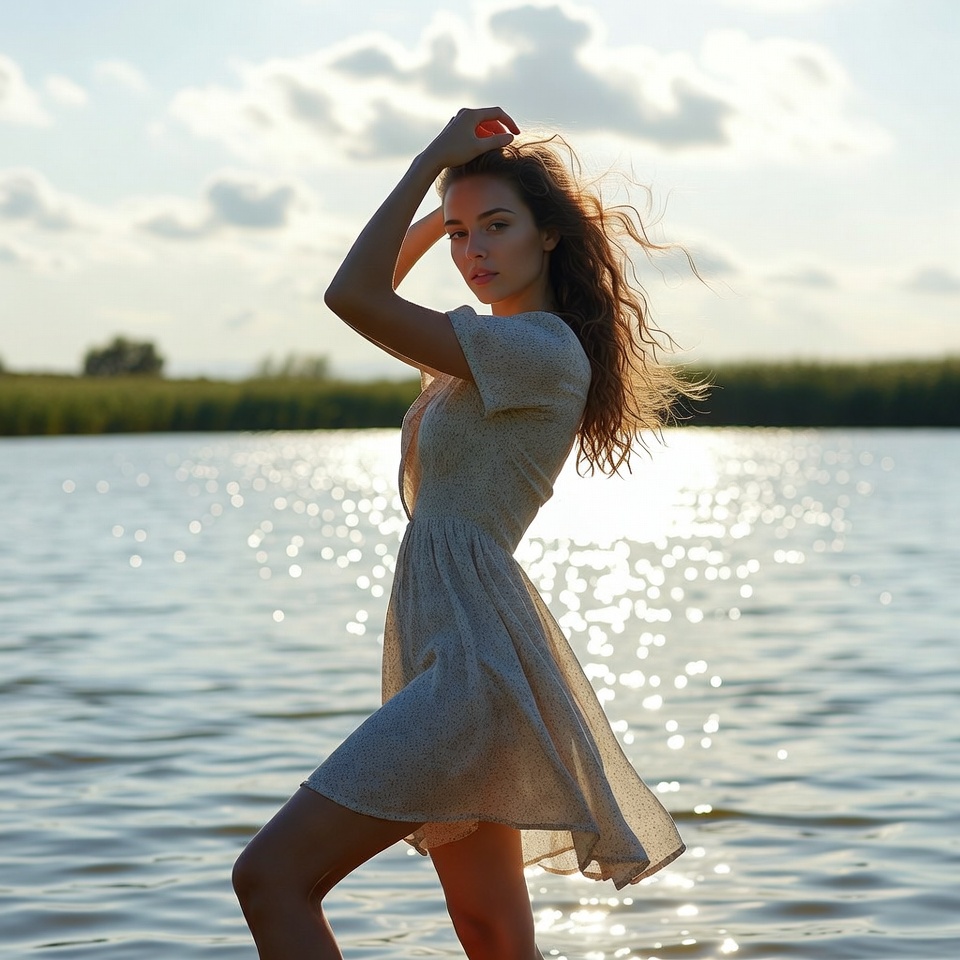 Woman by the water at sunset Woman by the water at sunset