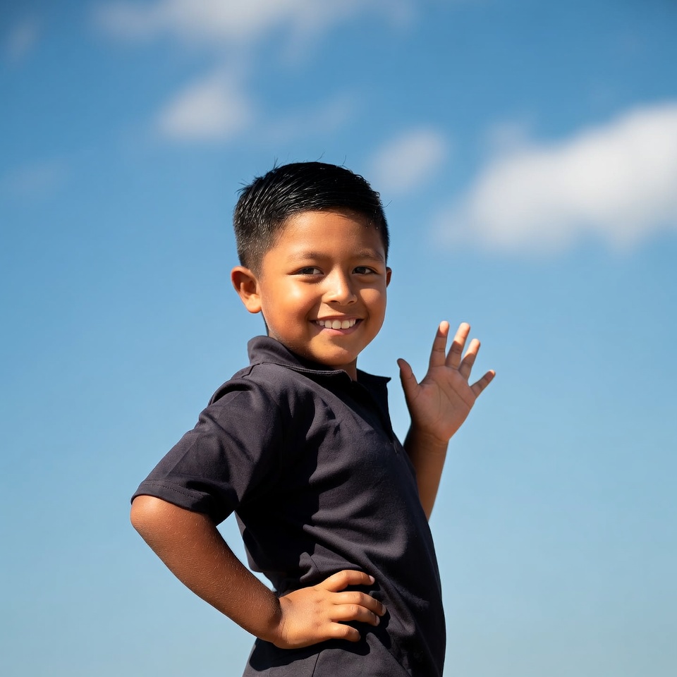 Boy waving outdoors with blue sky Boy waving outdoors with blue sky