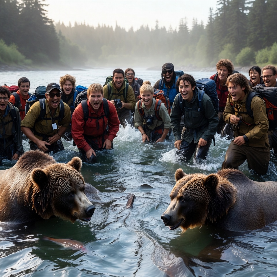 Group observes bears in river Group observes bears in river
