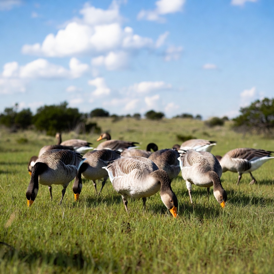Geese feeding in a green field Geese feeding in a green field
