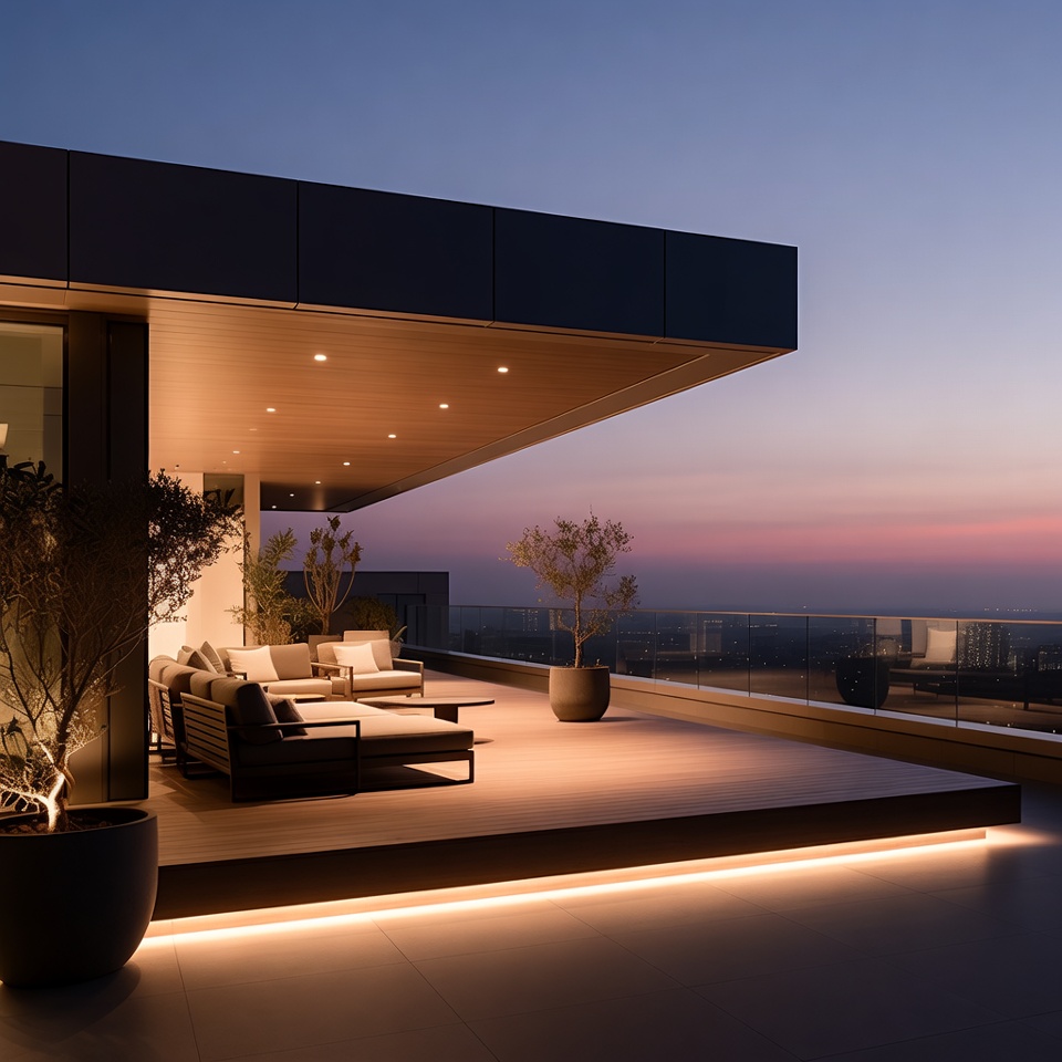 Rooftop lounge area at sunset Rooftop lounge area at sunset