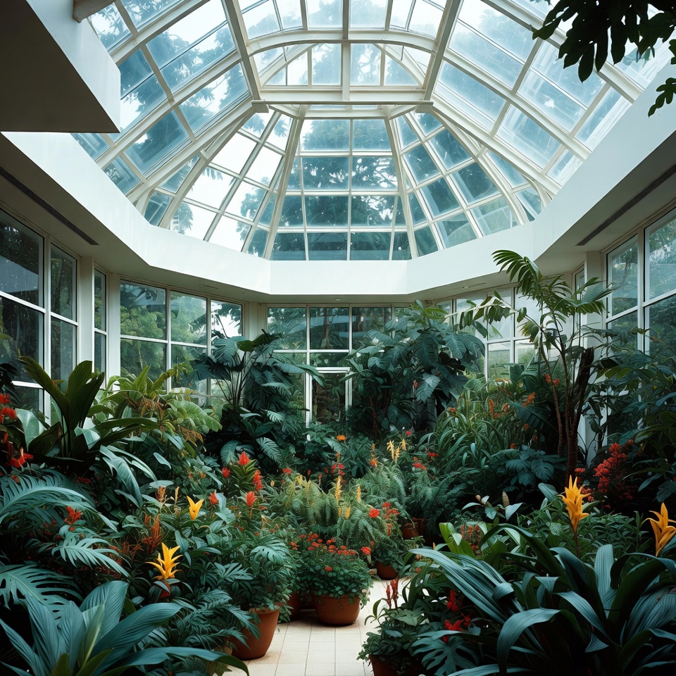 Plants in a glass greenhouse setting Plants in a glass greenhouse setting